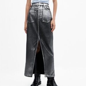 Mango (mng) Long Foil Denim Metallic Maxi Skirt Black Size Large